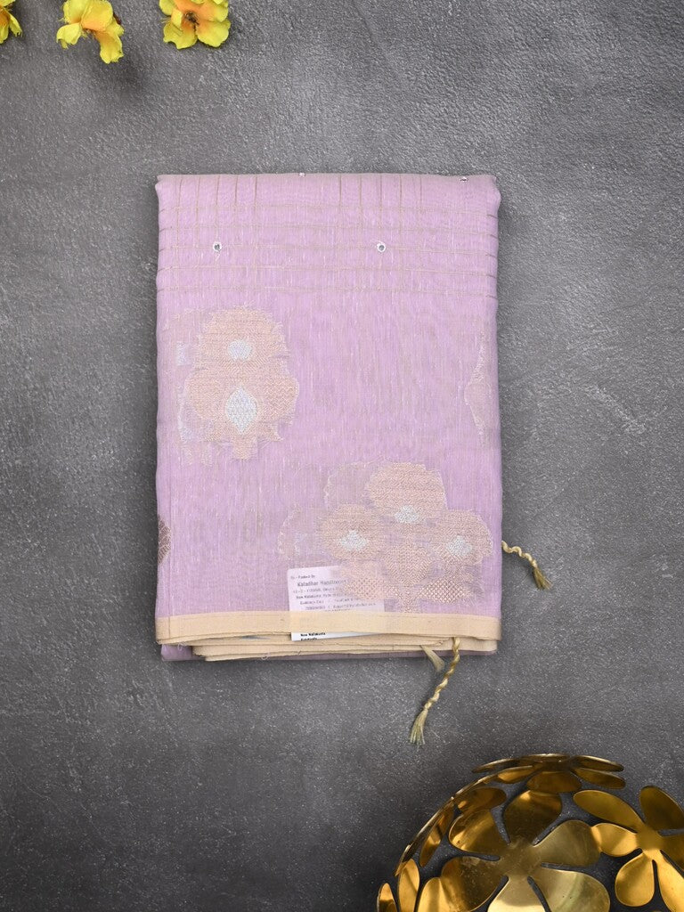 Chanderi fancy saree lavender color allover mirror work & zari border with short pallu and self blouse