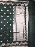 Raw silk fancy saree dark green color allover zari motifs & zari border with zari pallu and plain blouse