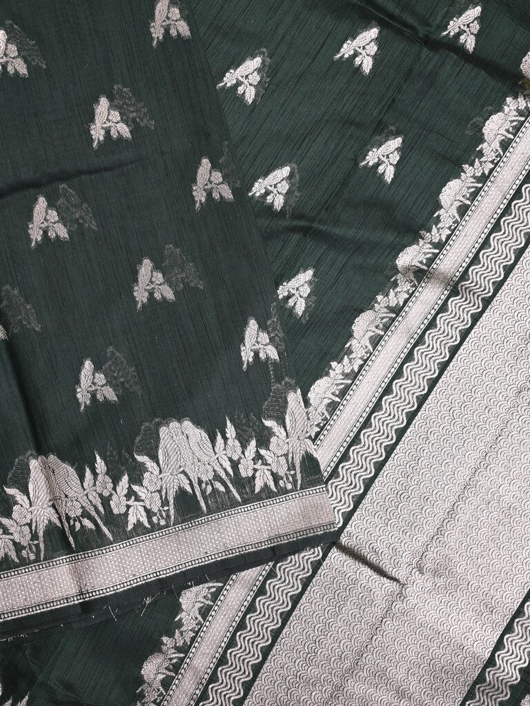 Raw silk fancy saree dark green color allover zari motifs & zari border with zari pallu and plain blouse