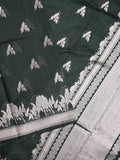 Raw silk fancy saree dark green color allover zari motifs & zari border with zari pallu and plain blouse
