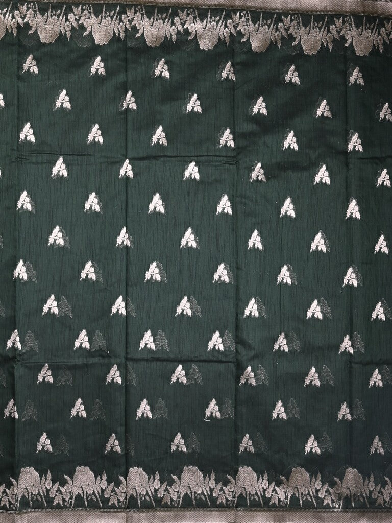 Raw silk fancy saree dark green color allover zari motifs & zari border with zari pallu and plain blouse