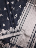 Raw silk fancy saree black color allover zari motifs & zari border with zari pallu and plain blouse