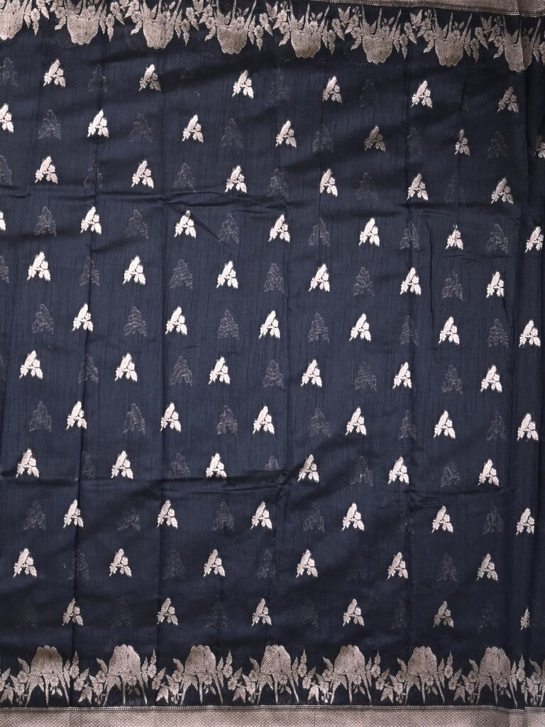 Raw silk fancy saree black color allover zari motifs & zari border with zari pallu and plain blouse