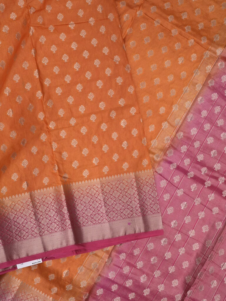 Dupion fancy saree in orange color allover zari motifs & zari border with zari pallu and contrast blouse