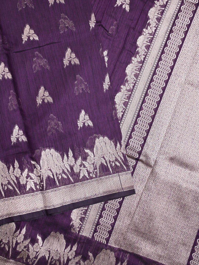 Raw silk fancy saree violet color allover zari motifs & zari border with zari pallu and plain blouse