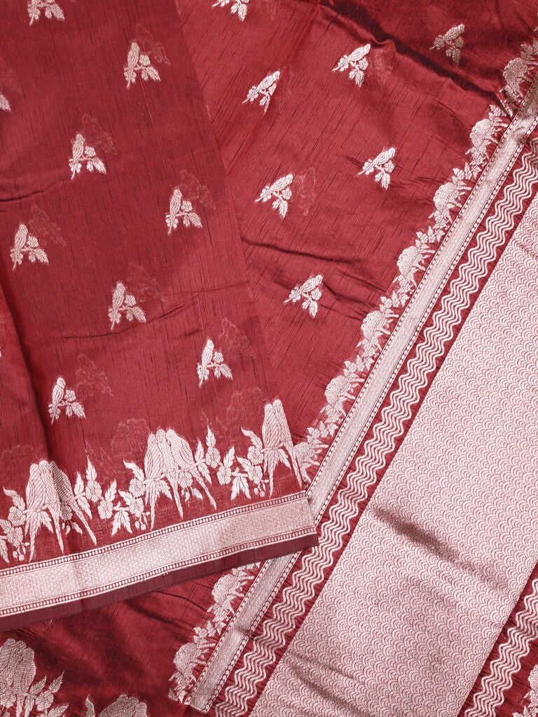 Raw silk fancy saree maroon color allover zari motifs & zari border with zari pallu and plain blouse