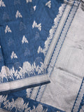 Raw silk fancy saree blue color allover zari motifs & zari border with zari pallu and plain blouse