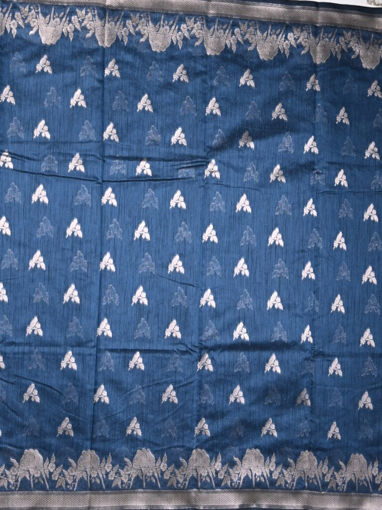 Raw silk fancy saree blue color allover zari motifs & zari border with zari pallu and plain blouse