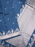 Raw silk fancy saree blue color allover zari motifs & zari border with zari pallu and plain blouse
