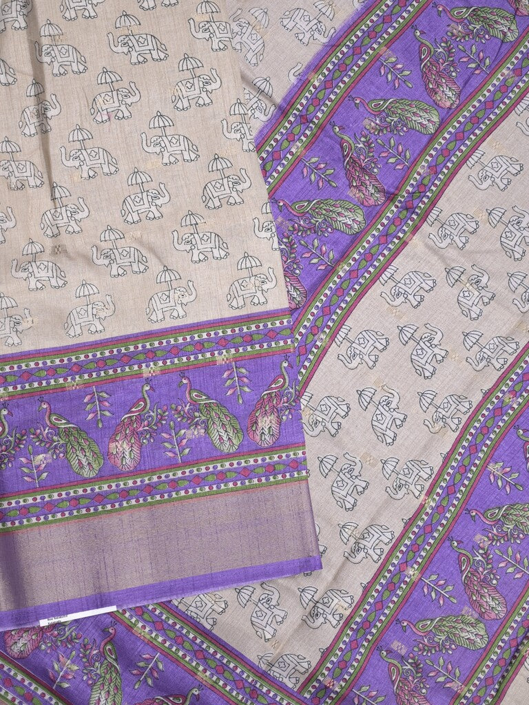Dola silk fancy saree light cream color allover prints & zari border with printed pallu and contrast blouse