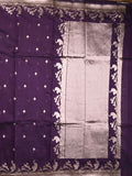 Raw silk fancy saree dark violet color allover zari motifs & zari border with zari pallu and plain blouse