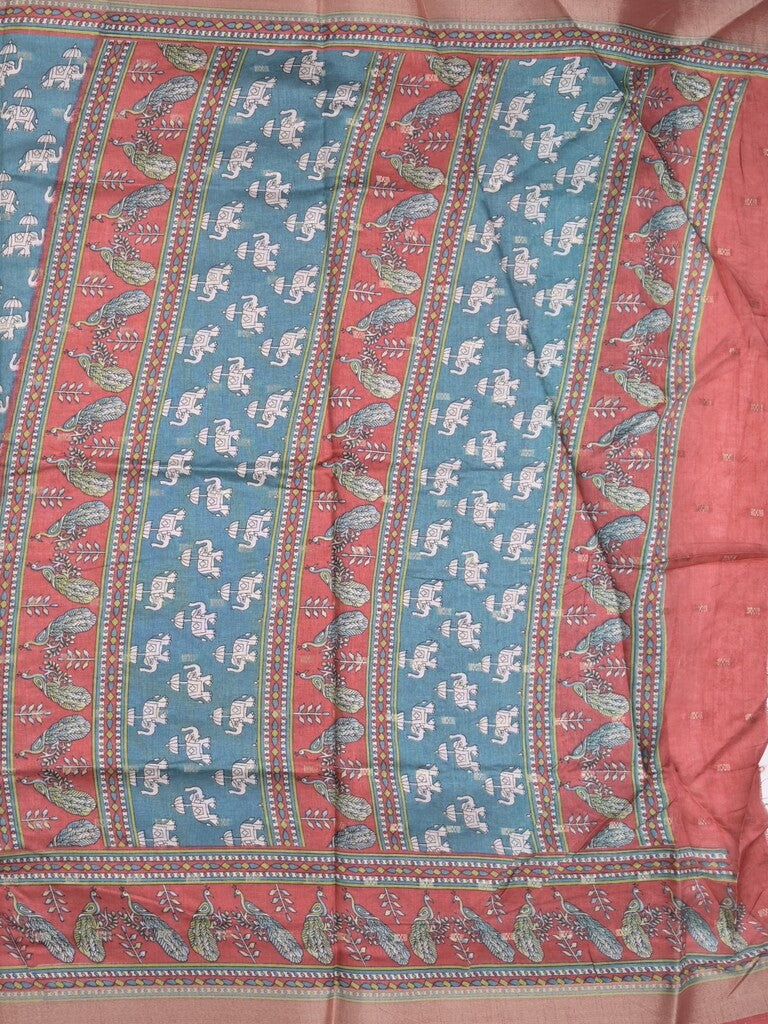 Dola silk fancy saree peacock blue color allover prints & zari border with printed pallu and contrast blouse