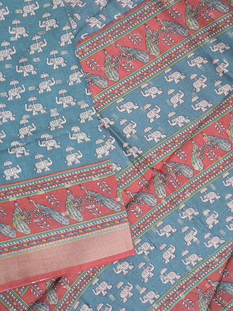Dola silk fancy saree peacock blue color allover prints & zari border with printed pallu and contrast blouse