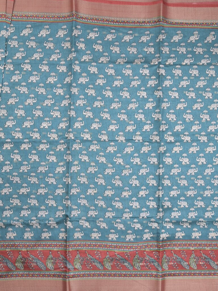 Dola silk fancy saree peacock blue color allover prints & zari border with printed pallu and contrast blouse