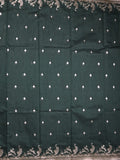Raw silk fancy saree dark green color allover zari motifs & zari border with zari pallu and plain blouse