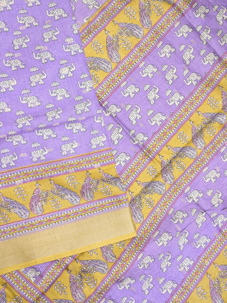 Dola silk fancy saree lavender color allover prints & zari border with printed pallu and contrast blouse