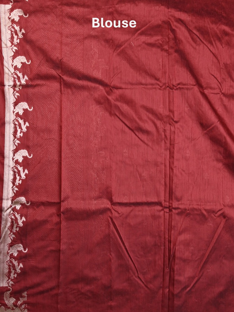 Raw silk fancy saree maroon color allover zari motifs & zari border with zari pallu and plain blouse