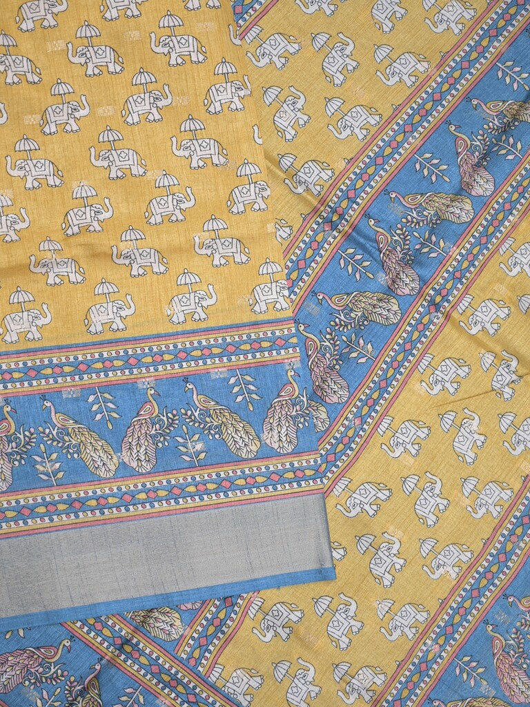 Dola silk fancy saree light yellow color allover prints & zari border with printed pallu and contrast blouse