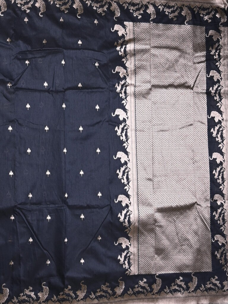 Raw silk fancy saree dark blue color allover zari motifs & zari border with zari pallu and plain blouse