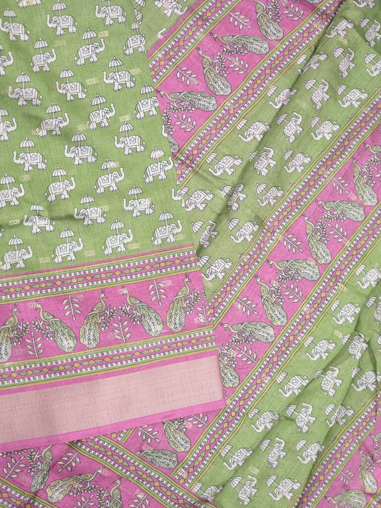 Dola silk fancy saree parrot green color allover prints & zari border with printed pallu and contrast blouse