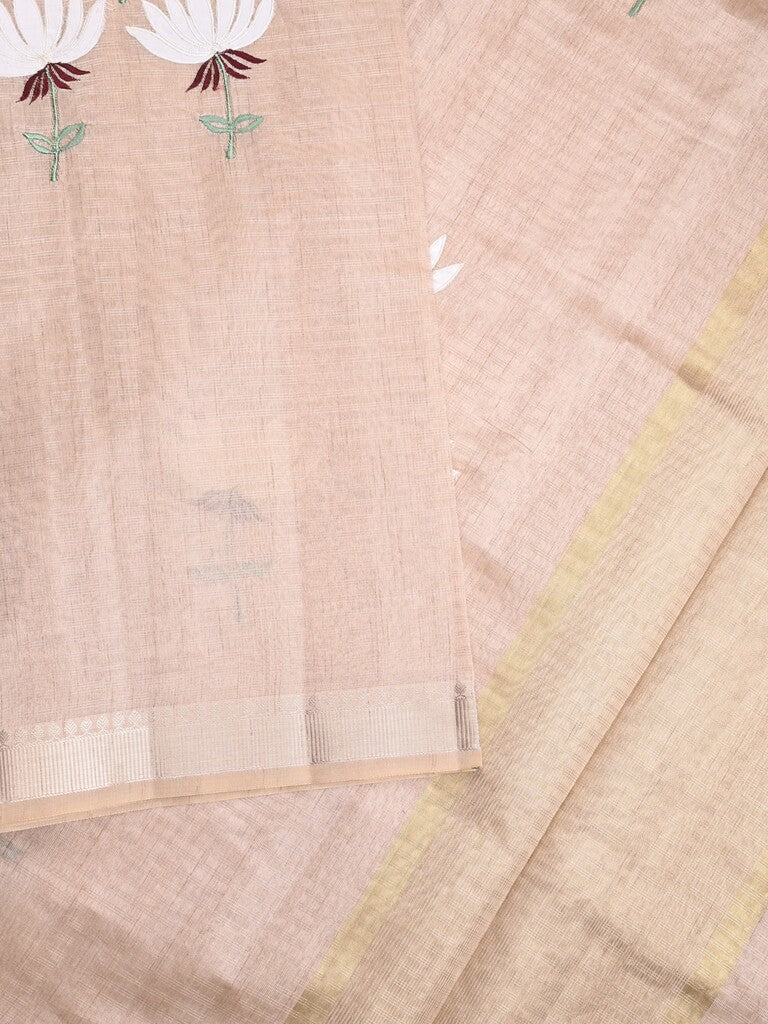 Chanderi fancy saree light peach color allover prints & zari border with short pallu and plain blouse