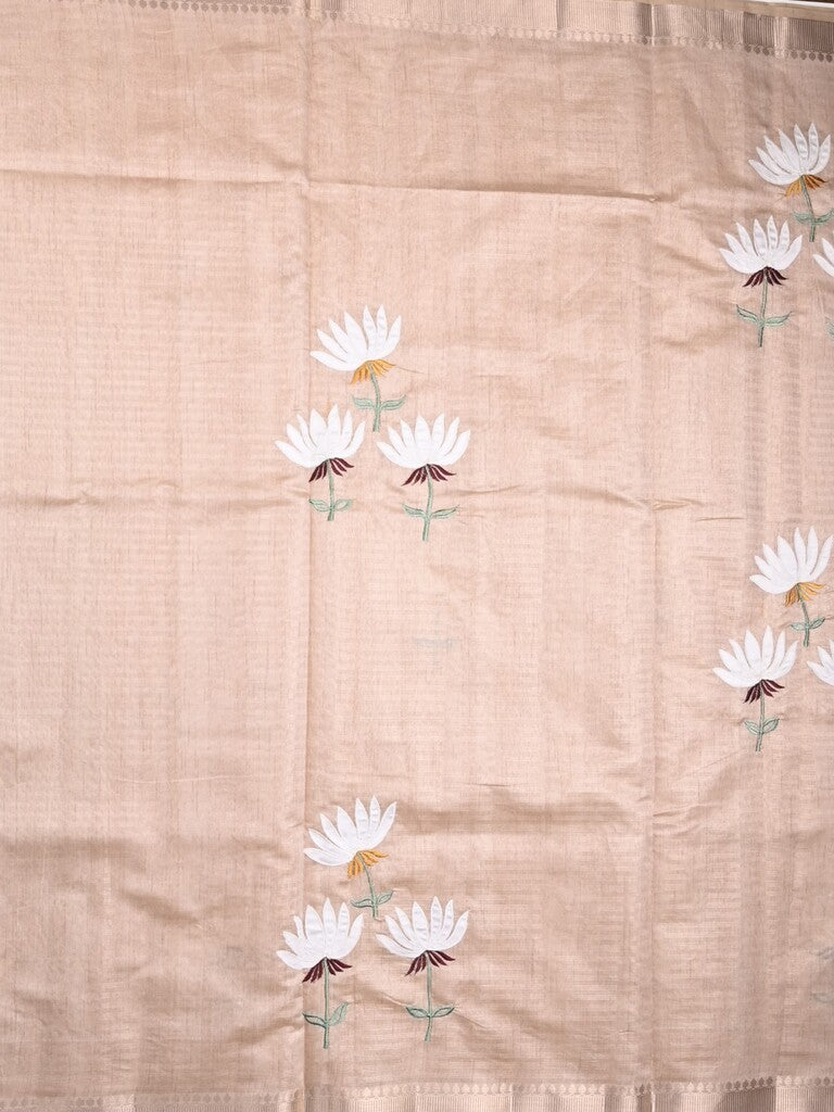 Chanderi fancy saree light peach color allover prints & zari border with short pallu and plain blouse