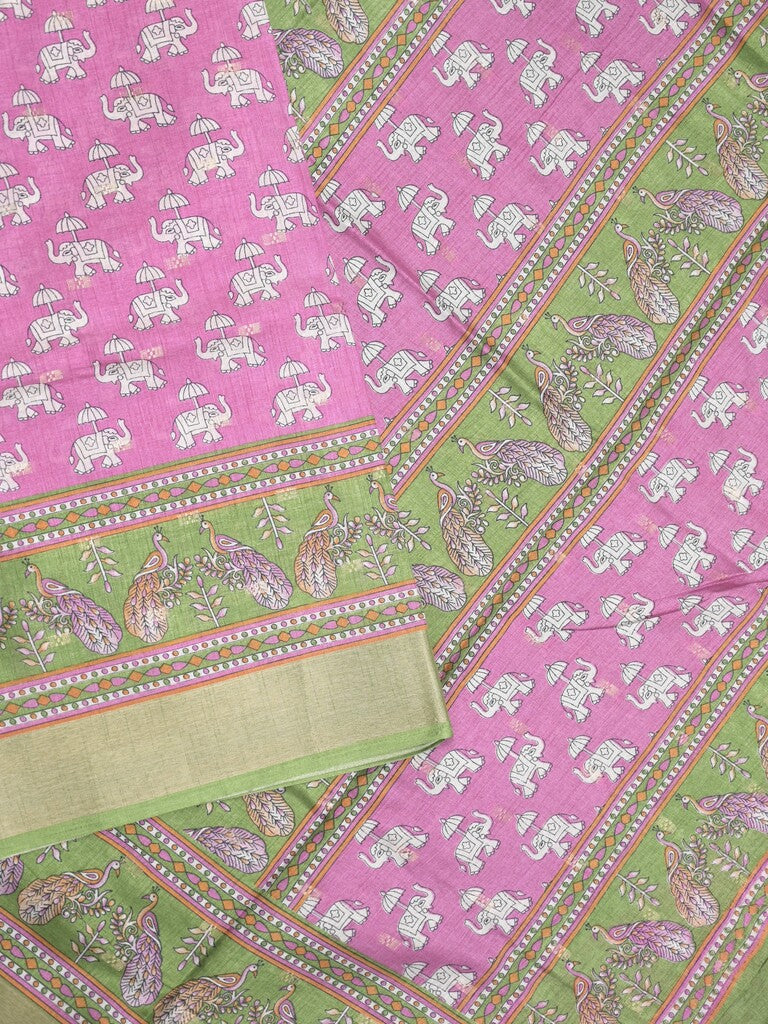 Dola silk fancy saree purple color allover prints & zari border with printed pallu and contrast blouse