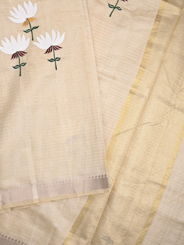 Chanderi fancy saree light cream color allover prints & zari border with short pallu and plain blouse