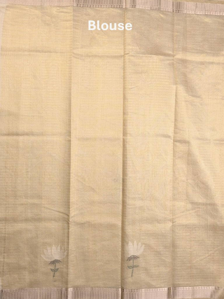 Chanderi fancy saree light cream color allover prints & zari border with short pallu and plain blouse