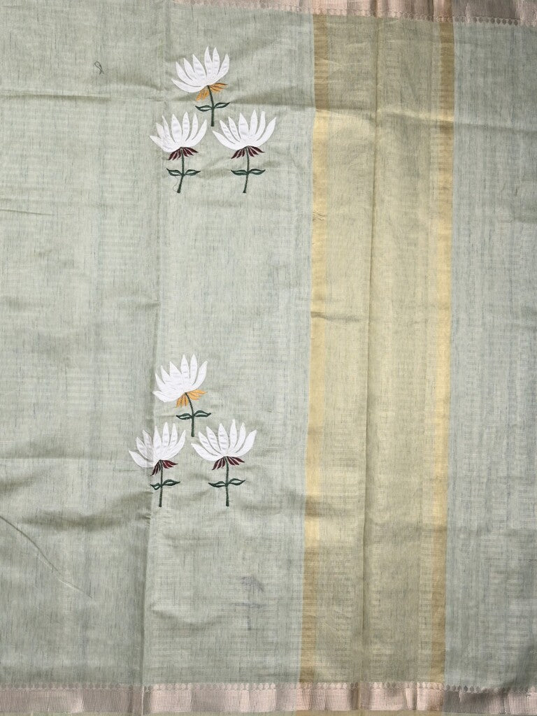 Chanderi fancy saree light grey color allover prints & zari border with short pallu and plain blouse