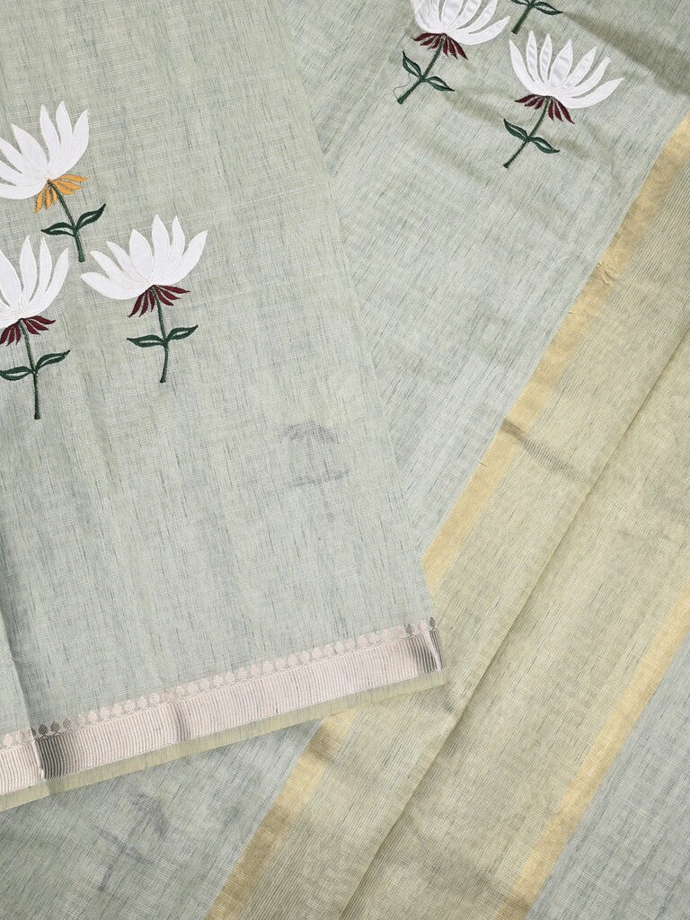 Chanderi fancy saree light grey color allover prints & zari border with short pallu and plain blouse