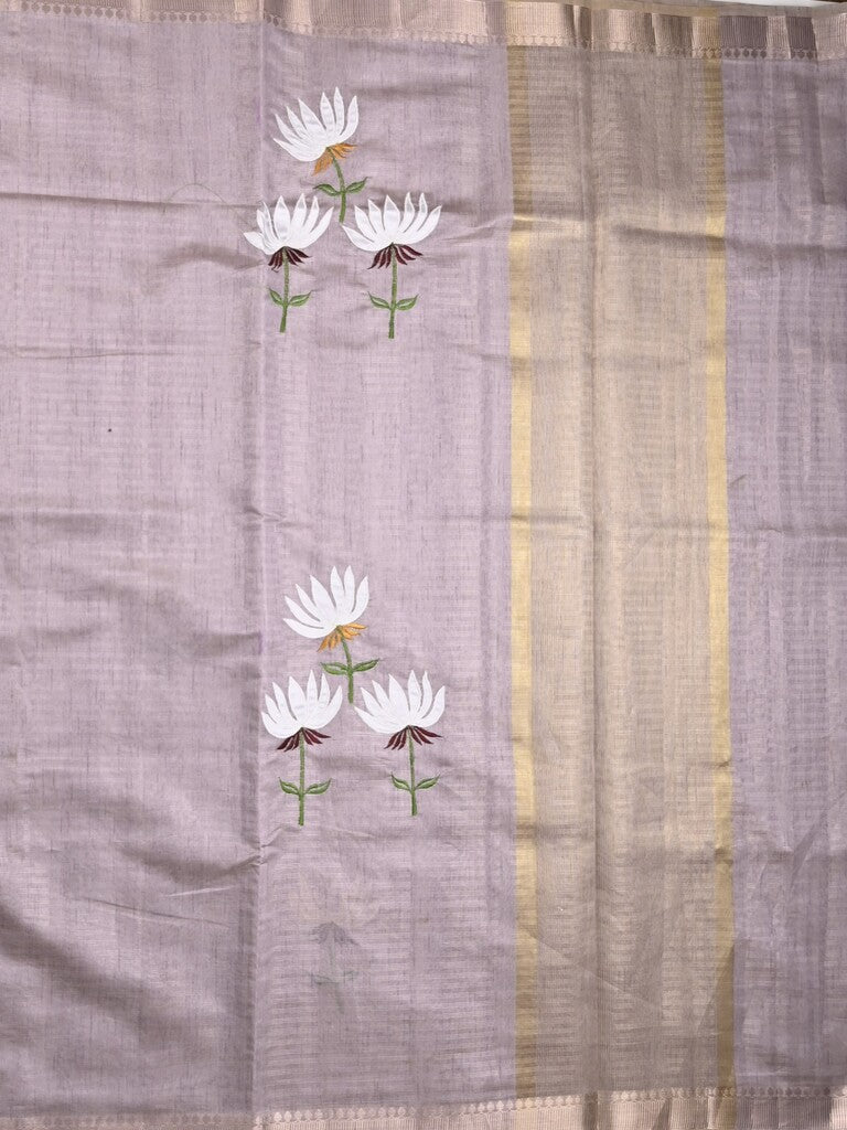 Chanderi fancy saree light lavender color allover prints & zari border with short pallu and plain blouse