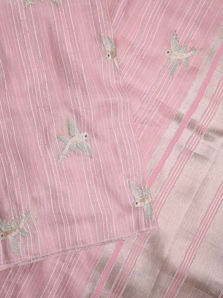 Jute tissue fancy saree baby pink color allover sequence work with short pallu and contrast blouse