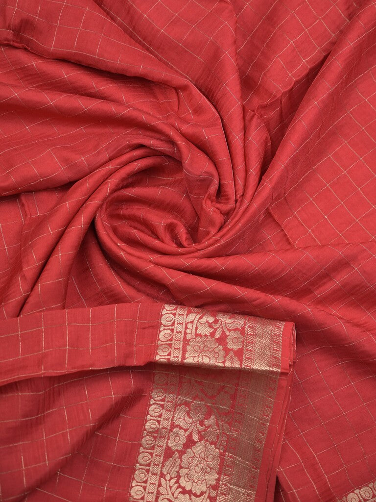 Georgette fancy saree red color allover checks & zari border with short pallu and self blouse