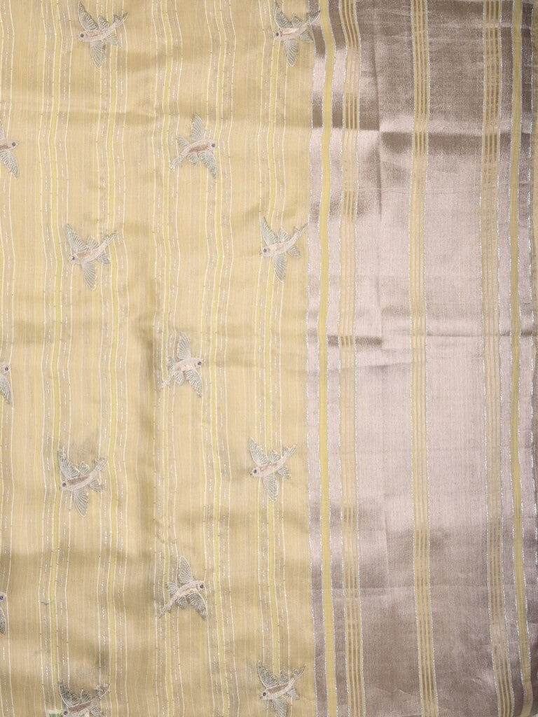 Jute tissue fancy saree pastel yellow color allover sequence work with short pallu and contrast blouse
