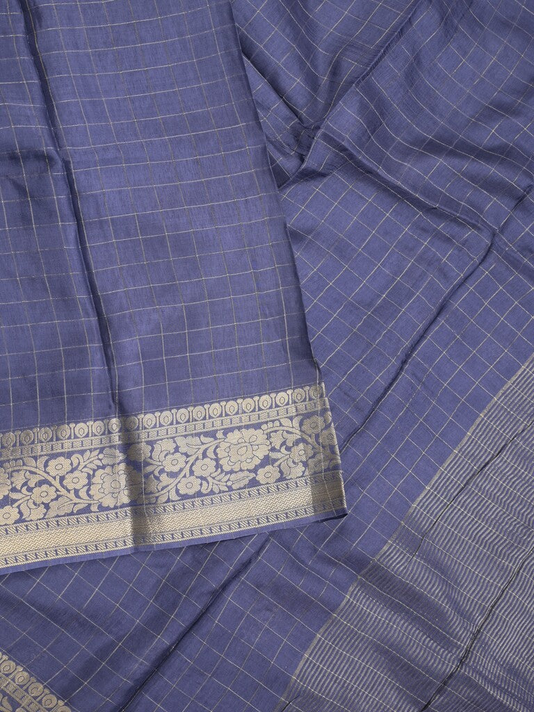 Georgette fancy saree navy blue color allover checks & zari border with short pallu and self blouse