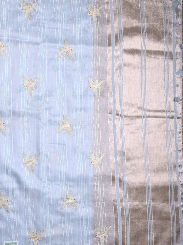 Jute tissue fancy saree light blue color allover sequence work with short pallu and contrast blouse