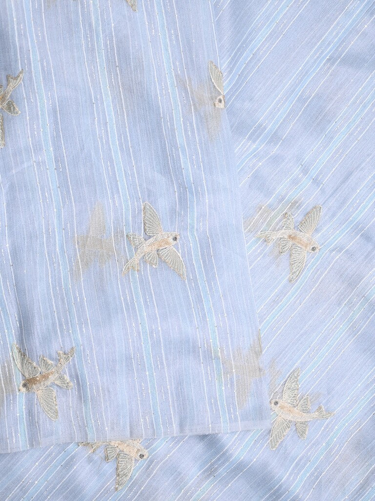 Jute tissue fancy saree light blue color allover sequence work with short pallu and contrast blouse