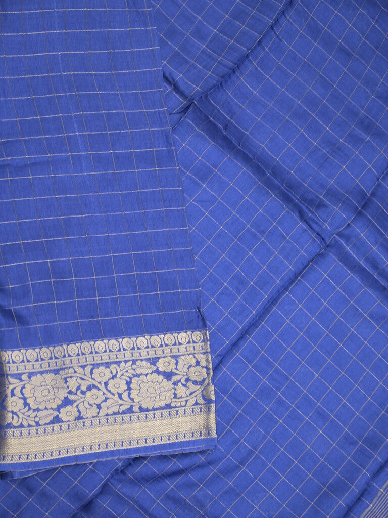 Georgette fancy saree royal blue color allover checks & zari border with short pallu and self blouse