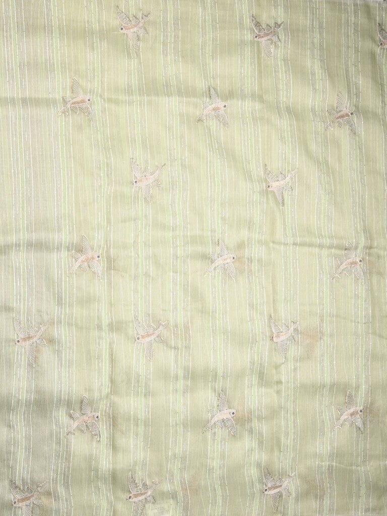 Jute tissue fancy saree light pastel green color allover sequence work with short pallu and contrast blouse