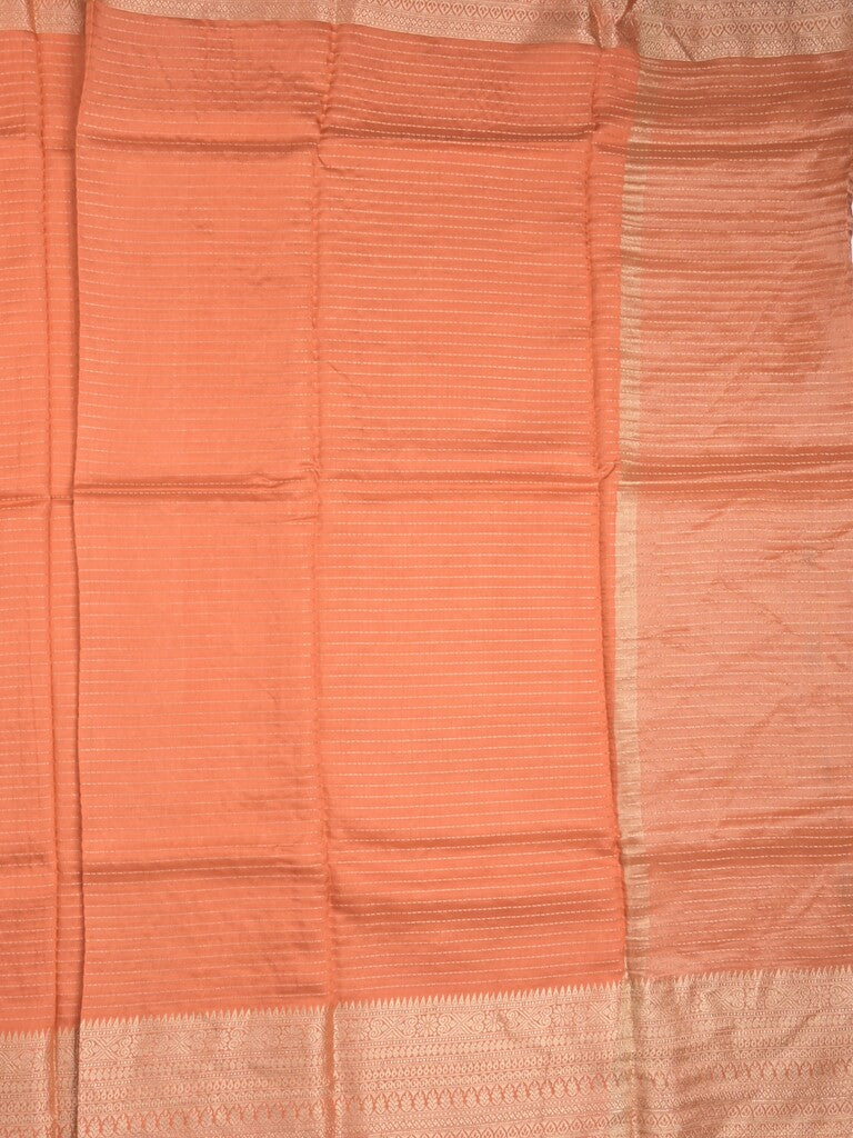 Georgette fancy saree orange color allover stripes & zari border with short pallu and self blouse