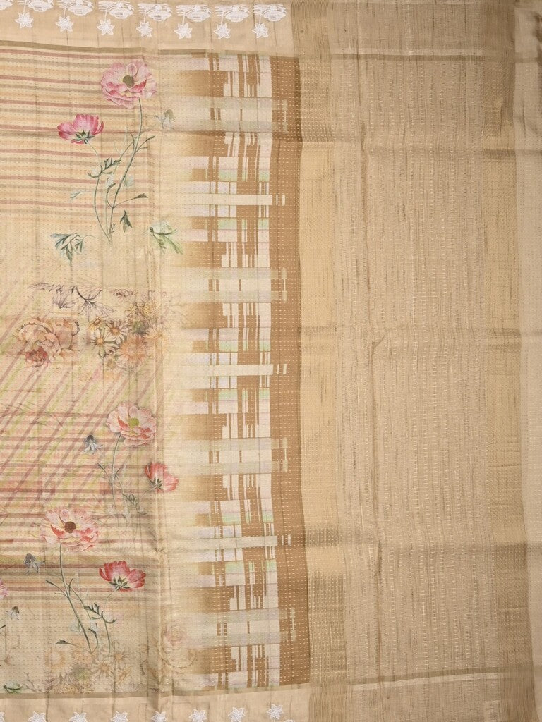 Tussar tissue fancy saree beige color allover prints & embroidery border with short pallu and plain blouse
