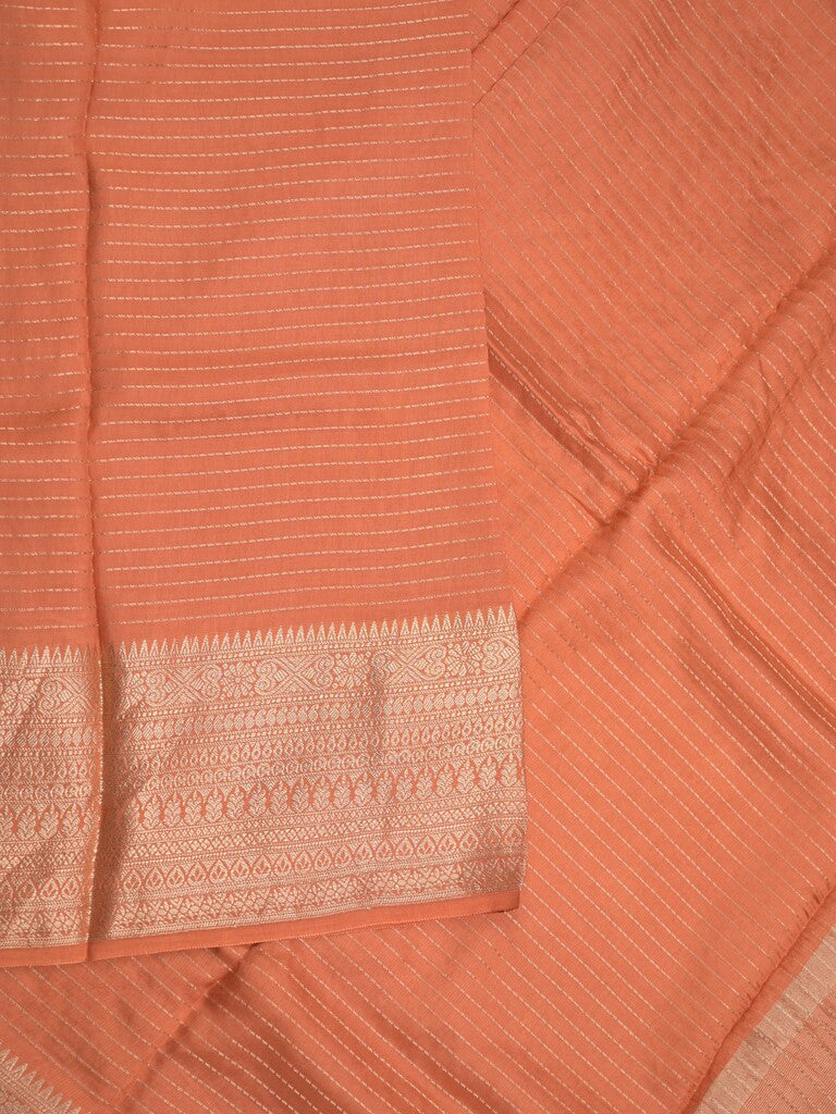Georgette fancy saree orange color allover stripes & zari border with short pallu and self blouse