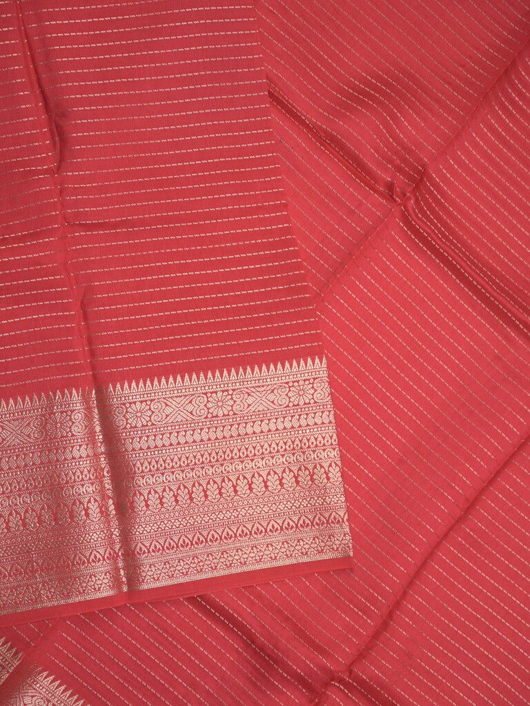 Georgette fancy saree red color allover stripes & zari border with short pallu and self blouse