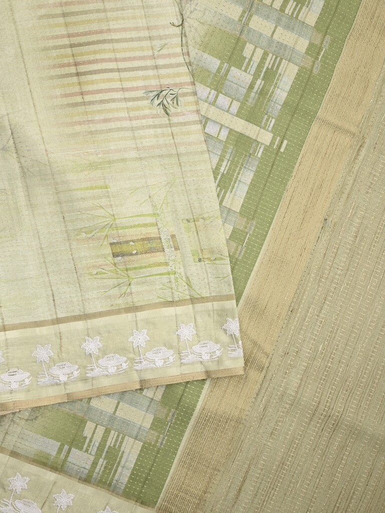 Tussar tissue fancy saree light pastel green color allover prints & embroidery border with short pallu and plain blouse