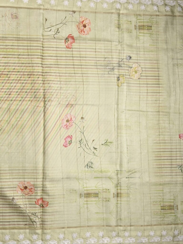 Tussar tissue fancy saree light pastel green color allover prints & embroidery border with short pallu and plain blouse