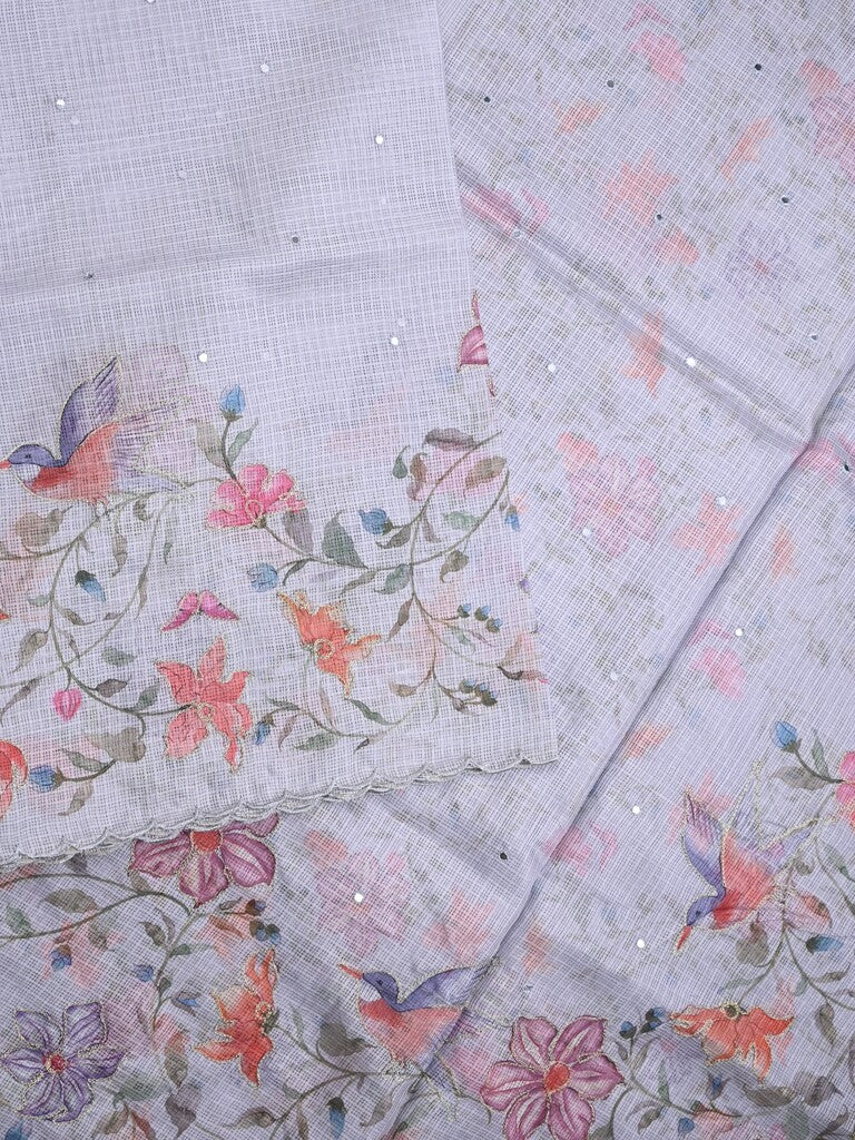 Silk kota fancy saree light grey color allover mirror work & sequence cutwork border with running pallu and printed blouse