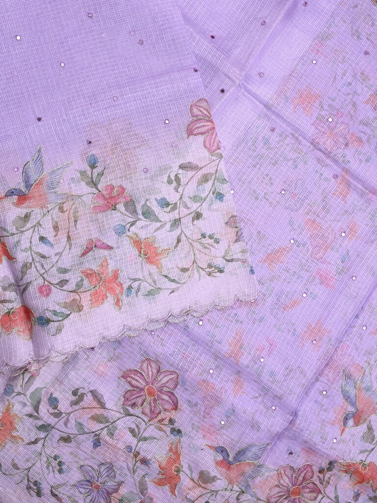 Silk kota fancy saree lavender color allover mirror work & sequence cutwork border with running pallu and printed blouse