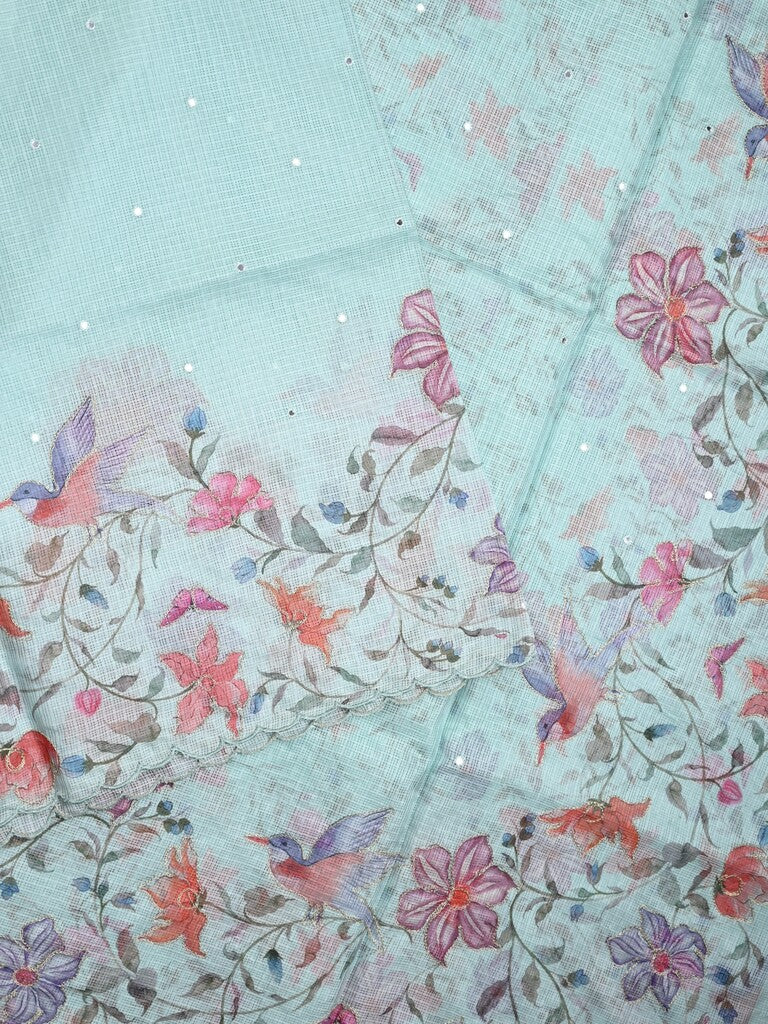 Silk kota fancy saree sky blue color allover mirror work & sequence cutwork border with running pallu and printed blouse