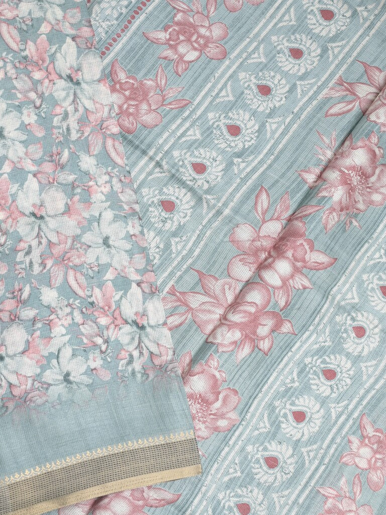 Kota fancy saree light blue color allover prints & zari border with printed pallu and plain blouse